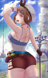 Rule 34 | 1girl, ass, atelier (series), atelier ryza, bare shoulders, breasts, brown eyes, brown hair, from behind, gloves, hair ornament, hairclip, hat, huge ass, large breasts, looking at viewer, looking back, open mouth, red shorts, reisalin stout, shiny skin, short hair, short shorts, shorts, sideboob, single glove, smile, solo, staff, thighhighs, unmeinobasho