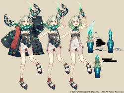 Rule 34 | 1girl, :d, belt, bottle, breasts, character sheet, commentary request, full body, green hair, highres, horns, ji no, little match girl (sinoalice), looking at viewer, molotov cocktail, official art, open mouth, oversized clothes, platform footwear, red eyes, scarf, single horn, sinoalice, sleeves past wrists, small breasts, smile, square enix, teeth, translation request, upper teeth only