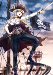 Rule 34 | 1girl, arai29, armpits, blonde hair, blue eyes, breasts, cleavage, feathers, flag, gun, handgun, hat, highres, holster, jewelry, jolly roger, knife, large breasts, long hair, necklace, original, pants, pirate, pirate hat, pirate ship, pistol, ring, ship, skull and crossed swords, solo, sword, watercraft, weapon