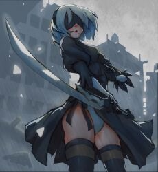 Rule 34 | 1girl, absurdres, back cutout, black blindfold, black dress, black gloves, black hairband, black thighhighs, blindfold, boots, breasts, cleavage cutout, clothing cutout, dress, feather-trimmed sleeves, feather trim, gloves, hairband, highres, holding, holding sword, holding weapon, juliet sleeves, katana, leotard, long sleeves, medium breasts, mole, mole under mouth, nier:automata, nier (series), puffy sleeves, short hair, sword, thighhighs, thighhighs under boots, virtuous contract, weapon, white hair, white leotard, 2b (nier:automata), yukimakingart