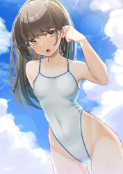 Rule 34 | 1girl, ayuman, black hair, blue sky, breasts, brown eyes, casual one-piece swimsuit, cloud, collarbone, covered navel, cowboy shot, gluteal fold, hayashio (kancolle), highleg, highleg swimsuit, highres, kantai collection, long hair, mole, mole under eye, one-piece swimsuit, open mouth, sky, small breasts, solo, swimsuit, white one-piece swimsuit