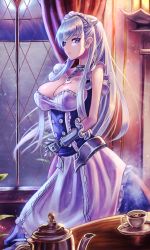 Rule 34 | 1girl, apron, azur lane, belfast (azur lane), blue eyes, blush, braid, breasts, chain, choker, cleavage, collar, collarbone, corset, cup, curtains, dress, elbow gloves, expressionless, french braid, frilled gloves, frills, full moon, garter straps, gauntlets, gloves, gore (white gore), hair between eyes, head tilt, heart, highres, large breasts, light particles, long hair, looking at viewer, maid, maid headdress, moon, night, own hands together, saucer, sidelocks, silver hair, sleeveless, sleeveless dress, solo, star (symbol), steam, table, tea, teacup, teapot, thighhighs, underbust, white gloves, white thighhighs, window