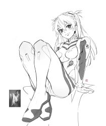 Rule 34 | 1girl, ass, blush, bodysuit, breasts, felix thirasat, from behind, full body, hair between eyes, hair ornament, highres, legs together, long hair, looking at viewer, medium breasts, monochrome, neon genesis evangelion, pilot suit, plugsuit, simple background, sitting, smile, solo, souryuu asuka langley, sweat, translation request, very long hair