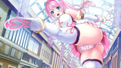 Rule 34 | 1girl, aigan tenshi cheery pink, ass, blue eyes, bow legwear, breasts, cameltoe, cheery pink, cleavage, day, elbow gloves, from below, gloves, hair between eyes, hair intakes, high kick, highres, indoors, kicking, kneepits, large breasts, leg up, magical girl, miniskirt, panties, pantyshot, pink hair, skirt, standing, standing on one leg, striped clothes, striped panties, teeth, thighhighs, thighs, underwear, upper teeth only, v-mag, v-shaped eyebrows, white thighhighs