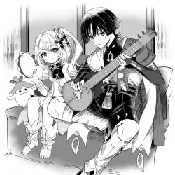 Rule 34 | 1boy, 1girl, caramelo game, commentary request, genshin impact, greyscale, height difference, highres, instrument, long hair, monochrome, nahida (genshin impact), scaramouche (genshin impact), shamisen, short hair, simple background, sitting, smile, tambourine, wanderer (genshin impact)