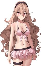 Rule 34 | 1girl, absurdres, artist name, bikini, blush, breasts, cleavage, collarbone, corrin (female) (fire emblem), corrin (female) (summer) (fire emblem), corrin (fire emblem), cowboy shot, fire emblem, fire emblem fates, fire emblem heroes, flower, grey hair, hair ornament, hairband, highres, long hair, looking at viewer, medium breasts, navel, nintendo, official alternate costume, pointy ears, red eyes, smile, solo, swimsuit, thigh strap, thighs, white bikini, x xith x