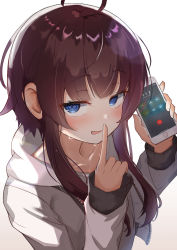 Rule 34 | 1girl, absurdres, ahoge, blue eyes, blush, brown hair, calling, canizzz, cellphone, collarbone, counter:side, finger to mouth, highres, hood, hoodie, korean text, long sleeves, looking at viewer, phone, shushing, smartphone, solo, sweat, talking on phone, white background, yang harim