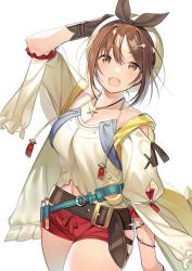 Rule 34 | 1girl, :d, arm up, atelier (series), atelier ryza, atelier ryza 1, bare legs, bare shoulders, belt, blush, breasts, brown eyes, cleavage, collarbone, cowboy shot, flask, gloves, hair ornament, hairband, hairclip, hat, jewelry, large breasts, looking at viewer, natasha (pommier), navel, necklace, off-shoulder shirt, off shoulder, open mouth, puffy sleeves, red shorts, reisalin stout, shirt, short hair, short shorts, short sleeves, shorts, sidelocks, simple background, smile, solo, star (symbol), test tube, white background, white headwear, white shirt