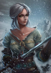 Rule 34 | 1girl, ciri, fire, gradient background, green eyes, lips, looking at viewer, mountain, scar, short hair, silver hair, snow, solo, sword, the witcher (series), the witcher 3, upper body, weapon