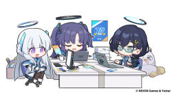 Rule 34 | 3girls, :d, black pantyhose, blue archive, blue hair, blush, book, chair, chibi, chihiro (blue archive), closed eyes, computer, glasses, hair ornament, halo, holding, holding pen, keyboard (computer), laptop, long hair, monitor, mouse (computer), multiple girls, nemoga, noa (blue archive), official art, open book, open mouth, pantyhose, pen, purple eyes, purple hair, sitting, smile, stuffed toy, sweatdrop, two side up, yuuka (blue archive)