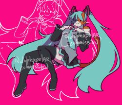 Rule 34 | 1girl, :3, blue hair, cat girl, dolphxpolar, fortnite, furry, furry female, fusion, hatsune miku, high heels, highres, long hair, long sleeves, looking at viewer, meowscles, pink background, sitting, skirt, thighhighs, twintails, vocaloid