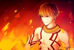 Rule 34 | 1boy, blonde hair, earrings, fate/stay night, fate (series), fire, gilgamesh (fate), jewelry, male focus, necklace, red eyes, topless male, solo, stranded18, tattoo