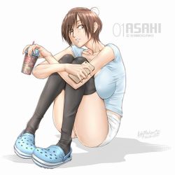 Rule 34 | 1girl, aizawa asahi (unbalance), breasts, brown eyes, brown hair, cellphone, crocs, dated, drink, full body, highres, large breasts, open mouth, original, phone, short hair, short shorts, shorts, signature, simple background, smartphone, socks, solo, thighs, unbalance