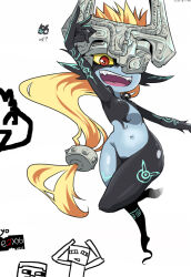 Rule 34 | 1girl, black skin, blonde hair, blue skin, body markings, breasts, colored sclera, colored skin, commentary request, dated, enderman, full body, helmet, korean commentary, long hair, looking at viewer, low-tied long hair, midna, minecraft, multicolored skin, navel, nintendo, one eye covered, open mouth, ponytail, red eyes, simple background, small breasts, smile, steve (minecraft), tattoo, the legend of zelda, the legend of zelda: twilight princess, two-tone skin, white background, yellow sclera, zoncrown