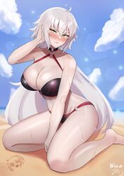 Rule 34 | 1girl, ahoge, beach, bikini, black bikini, blue sky, blush, breasts, character print, cleavage, closed mouth, cloud, commentary, day, english commentary, fate/grand order, fate (series), fujimaru ritsuka (female), grey hair, hair between eyes, hand in own hair, highres, jeanne d&#039;arc alter (fate), jeanne d&#039;arc alter (swimsuit berserker) (fate), kneeling, large breasts, long hair, looking at viewer, o-ring, o-ring bikini, outdoors, sand, sky, solo, sunlight, swimsuit, very long hair, wet, yellow eyes, zet (twt zet)