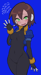Rule 34 | 1girl, absurdres, aile (mega man zx), black bodysuit, blue background, blush, bodysuit, bodysuit under clothes, breasts, brown hair, buzzlyears, commentary, covered navel, cowboy shot, cropped jacket, green eyes, highres, jacket, looking at viewer, mega man (series), mega man zx, no pants, open clothes, open jacket, robot ears, short hair, simple background, small breasts, smile, solo, waving