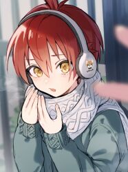 Rule 34 | 1boy, blurry, blurry foreground, breath, commentary, green sweater, hair between eyes, headphones, highres, long sleeves, looking at viewer, male focus, original, parted lips, pillow (nutsfool), red hair, scarf, solo, sweater, symbol-only commentary, upper body, white scarf, yellow eyes
