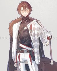 Rule 34 | 1boy, absurdres, bag, belt, black shirt, blue eyes, brown hair, candy (pixiv15231759), chinese commentary, commentary request, cowboy shot, fur trim, glasses, gloves, grey background, hair between eyes, highres, holster, jacket, long sleeves, male focus, medal, original, pants, parted lips, pink-tinted eyewear, pixiv fantasia, pixiv fantasia mountain of heaven, shirt, short hair, shoulder bag, shoulder holster, solo, striped clothes, striped shirt, tinted eyewear, turtleneck, white gloves, white jacket, white pants