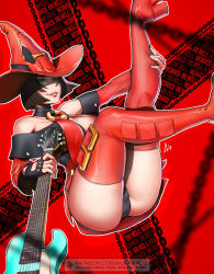 Rule 34 | 1girl, arc system works, aurahack, black hair, boots, breasts, cleavage, dress, fingerless gloves, gloves, green eyes, guilty gear, guilty gear xrd, hat, high heel boots, high heels, i-no, large breasts, legs, mole, mole above mouth, red headwear, short dress, thigh boots, thighhighs, witch hat