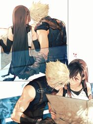 Rule 34 | !?, ..., 1boy, 1girl, armor, bare shoulders, bench, black gloves, black hair, black skirt, black sports bra, blonde hair, blue eyes, blush, cloud strife, commentary, crop top, ear blush, earrings, elbow gloves, final fantasy, final fantasy vii, final fantasy vii remake, fingerless gloves, gloves, highres, holding, holding map, jewelry, long hair, looking at another, low-tied long hair, maiii (smaii i), map, red eyes, ribbed sweater, shoulder armor, single earring, sitting, skirt, sleeveless, sleeveless turtleneck, spiked hair, sports bra, suspender skirt, suspenders, sweater, swept bangs, symbol-only commentary, tank top, tifa lockhart, turtleneck, turtleneck sweater, undershirt, white tank top