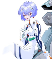 Rule 34 | 1girl, ayanami rei, bad id, bad pixiv id, blue hair, bodysuit, breasts, cockpit, derivative work, hair between eyes, highres, interface headset, looking at viewer, nemui (nemuii0219), neon genesis evangelion, open mouth, pilot suit, plugsuit, red eyes, redrawn, short hair, sitting, skin tight, small breasts, solo, white background