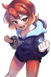 Rule 34 | 1girl, :d, absurdres, arezu (pokemon), black shorts, blue jacket, blush, bracelet, breasts, brown eyes, cleavage, clenched hands, commentary request, cowlick, creatures (company), game freak, highres, hood, hood down, hoodie, jacket, jewelry, long sleeves, looking at viewer, medium breasts, minatoya ringo, nintendo, open mouth, orange hair, orange pantyhose, pantyhose, pokemon, pokemon legends: arceus, short hair, short shorts, shorts, simple background, small breasts, smile, solo, teeth, tongue, upper teeth only, white background