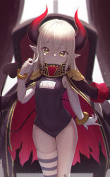 Rule 34 | 1girl, closed mouth, covered navel, curled horns, demon girl, demon horns, demon tail, elbow gloves, emma august, epaulettes, fang, flat chest, gloves, hair between eyes, highres, hitokuchii, horns, jacket, jacket on shoulders, long hair, looking at viewer, nijisanji, old school swimsuit, one-piece swimsuit, pointy ears, school swimsuit, single thighhigh, solo, striped clothes, striped thighhighs, swimsuit, tail, thighhighs, torn clothes, torn jacket, virtual youtuber, white gloves, white hair, yellow eyes