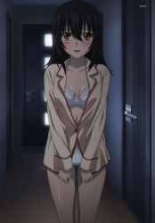 Rule 34 | 10s, 1girl, absurdres, black hair, blush, breasts, brown eyes, highres, himeragi yukina, lingerie, open clothes, open mouth, open shirt, screencap, shirt, solo, standing, strike the blood, underwear