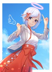 Rule 34 | 1girl, absurdres, angel, angel wings, blue hair, blue sky, blush, bow, breasts, closed mouth, day, hair ornament, hair ribbon, highres, index finger raised, japanese clothes, kitazume kumie, looking at viewer, medium breasts, miko, original, outdoors, red bow, red ribbon, ribbon, short hair, sky, smile, solo, wings, x hair ornament