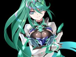 Rule 34 | 1girl, armor, black background, breasts, commentary, crossed arms, earrings, elbow gloves, gem, gloves, green eyes, green hair, hair ornament, headpiece, jewelry, large breasts, long hair, looking at viewer, nintendo, pneuma (xenoblade), ponytail, raynartfr, simple background, solo, spoilers, swept bangs, tiara, very long hair, xenoblade chronicles (series), xenoblade chronicles 2