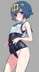 Rule 34 | 1girl, absurdres, blue eyes, blue hair, blue one-piece swimsuit, blush, bright pupils, clothes pull, creatures (company), frontal wedgie, game freak, grey background, highres, lana (pokemon), looking at viewer, mx2j, nintendo, one-piece swimsuit, one-piece swimsuit pull, pokemon, pokemon sm, school swimsuit, shiny clothes, shiny skin, short hair, simple background, solo, standing, swimsuit, swimsuit under clothes, trial captain, wedgie, wet