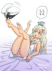 Rule 34 | 1girl, barefoot, blonde hair, bow, come hither, commentary request, dress, geru, grecale (kancolle), green eyes, hair bow, hat, kantai collection, long hair, low-cut armhole, lying, neckerchief, one-hour drawing challenge, panties, peaked cap, pink bow, sailor collar, sailor dress, side-tie dress, simple background, sleeveless, sleeveless dress, smile, solo, striped clothes, striped neckerchief, striped panties, underwear, wavy hair, white background, white dress, white hat, white sailor collar