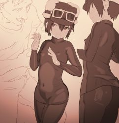 Rule 34 | 1boy, 1girl, 2equal8, age difference, ass, blush, condom, condom packet strip, condom wrapper, covered erect nipples, covered navel, cowboy shot, erection, flat chest, from behind, goggles, hat, highres, kino (kino no tabi), kino no tabi, no bra, pants, sepia, short hair, simple background, skin tight, sweat, sweater, tan background, thighs, tomboy