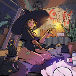 Rule 34 | 1girl, arm tattoo, artist name, bare legs, bed, bedroom, bell, black capelet, black cat, black leotard, borrowed character, braid, breasts, brown eyes, brown hair, capelet, cat, cleavage, commentary, dropman, english commentary, full body, hat, indoors, jingle bell, large breasts, leotard, lips, magic, medium hair, nicotine patch, night, original, rain, seiza, single braid, sitting, smirk, solo focus, tattoo, wand, white cat, witch, witch hat