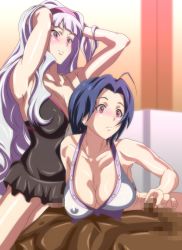 Rule 34 | 1boy, 2girls, adjusting hair, armpits, arms up, bare shoulders, blue hair, blush, breasts, cahlacahla, censored, cleavage, girl on top, hairband, handjob, highres, hip focus, idolmaster, idolmaster (classic), large breasts, long hair, looking down, lying, miura azusa, multiple girls, nude, penis, pink eyes, purple hair, shijou takane, short hair, sitting, sitting on person, smile