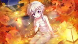 Rule 34 | 1girl, ahoge, autumn leaves, breasts, cleavage, collarbone, dot nose, dutch angle, film grain, game cg, grey hair, hand on ground, hand on own chest, ichijou ruka, izumi tsubasu, lantern, lens flare, looking at viewer, medium breasts, mountainous horizon, naked towel, night, night sky, non-web source, official art, onsen, open mouth, partially submerged, purple eyes, re:stage!, rock, short hair with long locks, sitting, sky, smile, solo, sparkle, star (sky), starry sky, towel, tree, white towel, yokozuwari
