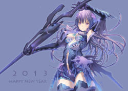 Rule 34 | 1girl, 2013, arm up, armpits, artist name, bare shoulders, black gloves, black thighhighs, blue background, breasts, center opening, elbow gloves, gloves, happy new year, headpiece, long hair, medium breasts, new year, original, parted lips, purple eyes, purple hair, signature, simple background, solo, thighhighs, tougetsu gou, weapon