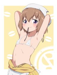 Rule 34 | 1girl, armpits, arms behind head, bikini, blend s, blush, breasts, brown hair, bubukka, clothes around waist, collarbone, covered erect nipples, head scarf, hoshikawa mafuyu, looking at viewer, micro bikini, mouth hold, navel, open clothes, open shirt, purple eyes, ribbon, ribbon in mouth, shirt, shirt around waist, short hair, small breasts, smile, solo, stile uniform, swimsuit, yellow background