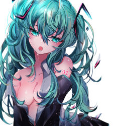 Rule 34 | 00s, 1girl, :o, absurdres, aqua eyes, aqua hair, bad id, bad pixiv id, bare shoulders, black sleeves, blush, breasts, chigiri kurenai, cleavage, collarbone, commentary request, crying, crying with eyes open, detached sleeves, grey shirt, hair between eyes, hatsune miku, highres, long hair, long sleeves, looking away, looking down, medium breasts, no bra, number tattoo, off shoulder, open clothes, open mouth, open shirt, shirt, shoulder tattoo, simple background, smile, solo, sparkle, tattoo, tears, twintails, upper body, very long hair, vocaloid, white background