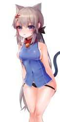 Rule 34 | 1girl, 9a-91 (girls&#039; frontline), absurdres, animal ears, bad id, bad pixiv id, bare arms, bare shoulders, bell, black bow, black panties, blue eyes, blue shirt, blush, bow, breasts, cat ears, cat girl, cat tail, commentary request, covered navel, dokomon, girls&#039; frontline, grey hair, hair between eyes, hair bow, hair ornament, heavy breathing, highres, jingle bell, kemonomimi mode, korean commentary, long hair, looking away, medium breasts, panties, panty pull, parted lips, pulling own clothes, shirt, sideboob, simple background, sleeveless, sleeveless shirt, solo, star (symbol), star hair ornament, tail, tail raised, underwear, white background