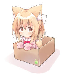 Rule 34 | &gt;:), 1girl, animal ear fluff, animal ears, blush, bow, box, brown eyes, cardboard box, chibi, closed mouth, commentary request, hair between eyes, highres, in box, in container, light brown hair, long sleeves, looking at viewer, nakkar, original, pink shirt, red bow, shadow, shirt, sleeves past fingers, sleeves past wrists, smile, solo, tail, v-shaped eyebrows, white background