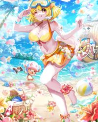 Rule 34 | alice vu, anklet, ball, basket, beach, beachball, bikini, bikini skirt, blonde hair, boat, bracelet, breasts, bubble, carrot, carrot (one piece), cloud, cloudy sky, diving mask, diving mask on head, flag, flower, food, fruit, goggles, goggles on head, grapes, highres, holding, holding flag, island, jewelry, jolly roger, large breasts, ocean, one eye closed, one piece, picnic basket, rabbit ears, rabbit girl, rabbit tail, sand, short hair, sky, snorkel, star-shaped pupils, star (symbol), swimsuit, symbol-shaped pupils, thousand sunny, tony tony chopper, watercraft, white fur
