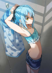 Rule 34 | 1other, armpits, arms behind head, arms up, ass, blue hair, breasts, butt crack, changing room, cleavage, closed mouth, cowboy shot, hair between eyes, looking back, no panties, ponytail, rimuru tempest, shorts, shoura, solo, swimsuit, tensei shitara slime datta ken, tying hair, yellow eyes