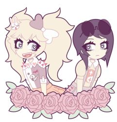 Rule 34 | 2girls, alternate costume, black hair, blonde hair, bow, closed mouth, collared shirt, danganronpa: trigger happy havoc, danganronpa (series), enoshima junko, eyelashes, eyewear on head, fangs, flower, flower wreath, freckles, grey eyes, hair bow, hair ornament, heart, heart-shaped pupils, heart print, ikusaba mukuro, incest, long hair, looking at another, medium hair, multicolored bow, multicolored clothes, multicolored shirt, multiple girls, nekozneko, open mouth, orange skirt, overalls, rabbit hair ornament, red spikes, rose, shirt, siblings, sisters, skirt, spiked shoulder pads, spikes, symbol-shaped pupils, teeth, tongue, twincest, twins, twintails, upper body, upper teeth only, wreath, yuri