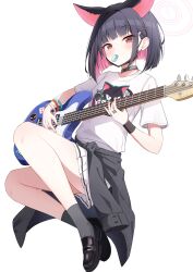 Rule 34 | 1girl, absurdres, animal ears, bass guitar, black collar, black footwear, black hair, black wristband, blue archive, blush, breasts, cat ears, collar, commentary, earclip, earrings, extra ears, exusiai dust, food, food in mouth, full body, grey socks, halo, highres, holding, holding instrument, instrument, jewelry, kazusa (band) (blue archive), kazusa (blue archive), legs, loafers, looking at viewer, macaron, mouth hold, multiple rings, music, official alternate costume, pink hair, pink halo, playing instrument, pleated skirt, red eyes, ring, shirt, shoes, short hair, short sleeves, simple background, skirt, small breasts, socks, solo, stud earrings, white background, white shirt, white skirt