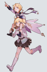 Rule 34 | 1boy, 1girl, :d, alternate hair color, arm up, black footwear, black skirt, blonde hair, blue eyes, boots, breasts, carrying, chaldea uniform, commentary request, fate/grand order, fate/requiem, fate (series), fujimaru ritsuka (female), grey background, hair between eyes, hand on another&#039;s head, highres, jacket, knee boots, long sleeves, medium breasts, one side up, open mouth, ota (ota-0000), outstretched arm, pleated skirt, pointing, running, shorts, shoulder carry, simple background, skirt, smile, star (symbol), uniform, voyager (fate), voyager (second ascension) (fate), white footwear, white jacket, white shorts