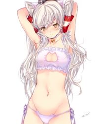 Rule 34 | 10s, 1girl, amatsukaze (kancolle), animal ears, armpits, arms up, artist name, bell, black hat, blush, bra, breasts, brown eyes, cat ear panties, cat ears, cat lingerie, choker, cleavage, cleavage cutout, clothing cutout, collarbone, cowboy shot, fake animal ears, frilled bra, frills, groin, hair tubes, hairband, hat, jingle bell, kantai collection, long hair, meme attire, midriff, min-naraken, mini hat, navel, panties, pink bra, pink panties, pink ribbon, ribbon, side-tie panties, silver hair, small breasts, solo, stomach, tareme, twintails, two side up, underwear, underwear only, very long hair, wavy hair