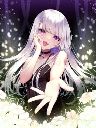 Rule 34 | 1girl, :d, absurdres, black choker, black dress, choker, collarbone, dress, floating hair, flower, hand on own cheek, hand on own face, head tilt, highres, long hair, looking at viewer, open mouth, original, outstretched arm, purple eyes, silver hair, sleeveless, sleeveless dress, smile, solo, very long hair, white flower, yayoi (yay0ee)