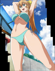 00s 1girl absurdres bikini breasts cleavage green_eyes highres ikkitousen ikkitousen_great_guardians large_breasts long_hair navel open_mouth orange_hair ponytail smile solo sonsaku_hakufu stitched swimsuit third-party_edit underboob