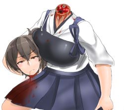 Rule 34 | 10s, 1girl, bad id, bad pixiv id, blood, blood from mouth, blue skirt, breasts, brown hair, decapitation, decapitation, dress, guro, japanese clothes, kaga (kancolle), kantai collection, large breasts, looking at viewer, muneate, saizu nitou gunsou, severed head, side ponytail, skirt, solo, white dress
